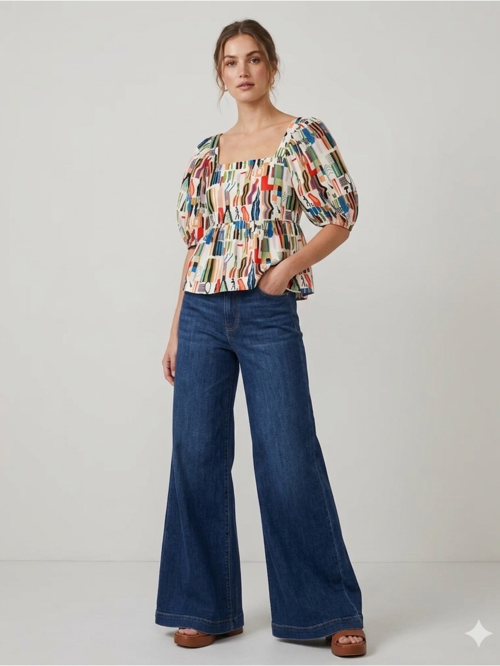 CROSBY by Mollie Burch Multicolor Puff Sleeve Peplum Top